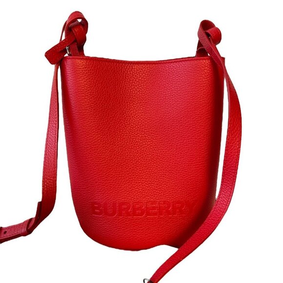 Burberry Lorne Red Pebbled Leather Bucket Crossbody Handbag Purse Bucket Bag - Picture 11 of 16